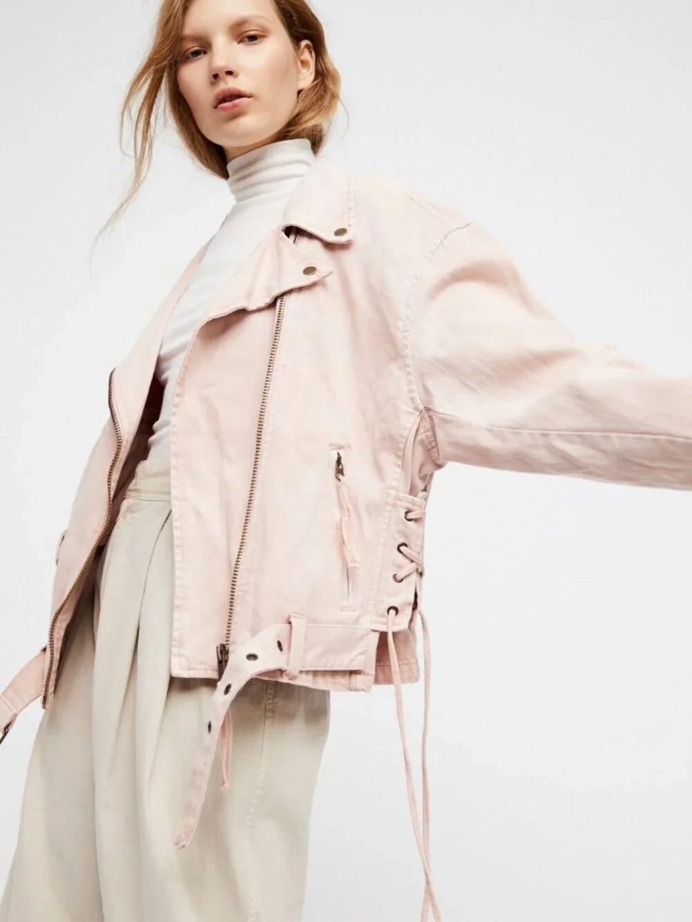 Free People Oversized Denim Pink Moto Jacket - Picture 2 of 11